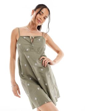 Robe courte à bretelles et détails brodés - Kaki-Vert 36