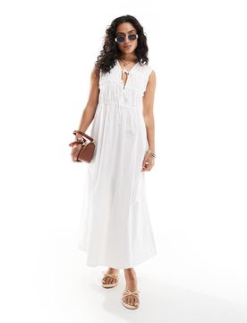 Robe froncée longueur mollet en coton avec liens noués à l'avant - Blanc 44