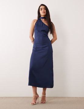 Robe longueur mollet asymétrique avec détail foulard - Bleu marine 34