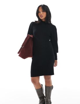 ONLY - Robe pull courte à col montant et manches bouffantes - Noir 40-42