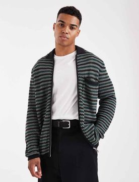 Sons - Häkelstrickjacke in Schwarz und Grün mit durchgehendem Reißverschluss Schwarz S
