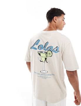 SONS - Locker geschnittenes T-Shirt in Beige mit „Lolas Marg"-Rückenprint-Weiß Weiß XS