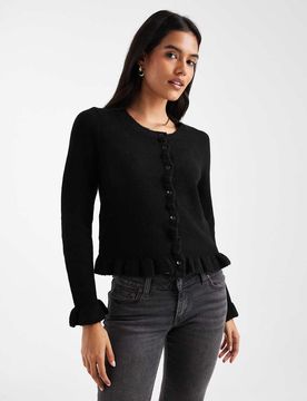 Strickjacke in Schwarz mit Rüschen und Knopfleiste Schwarz 36