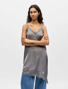 Robe nuisette asymétrique avec détails en dentelle - Gris 36
