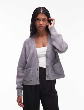Wollmix-Strickjacke in meliertem Grau mit aufgesetzten Taschen Grau XS