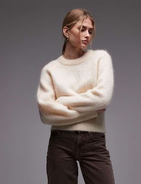 Pull en laine et mohair mélangés avec manches volumineuses - Blanc cassé L