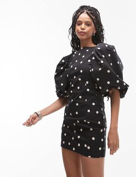 Robe courte à manches bouffantes et dos échancré - Imprimé à pois-Noir 32