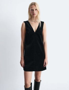 Robe courte stretch en velours à col V et coutures apparentes à l'avant - Noir 44
