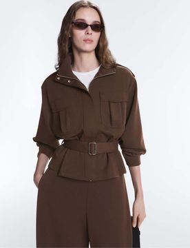 Veste courte fonctionnelle en piqué avec ceinture - Marron foncé XL