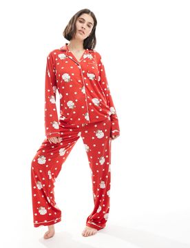 Ensemble de pyjama avec top à col à revers et pantalon large en jersey ultra doux avec imprimé père Noël - Rouge 38