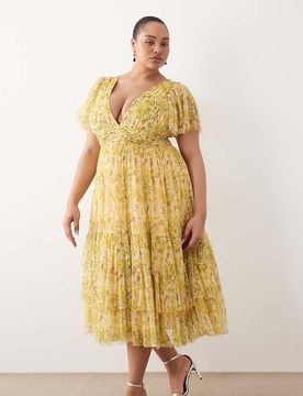 Lace & Beads - Madison Plus - Robe mi-longue à fleurs - Jaune 50