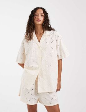 Ensemble short et chemise en broderie anglaise - Pêche-Orange XS