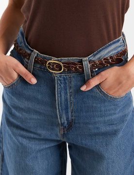 Ceinture fine en cuir tressé - Marron-Brown 70 cm