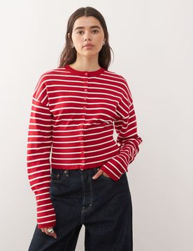 Head In The Clouds - Taillierte, gestreifte Strickjacke in Rot-Bunt Bunt S