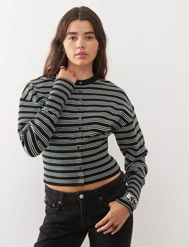 Head In The Clouds - Taillierte, gestreifte Strickjacke in Schwarz und Grün-Bunt Bunt M