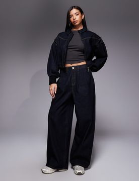 Weite, plissierte Jeans mit Hufeisenform in Raw Indigo, Kombiteil-Grau Grau 42