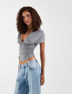 Osari - Top à décolleté plongeant et manches chauve-souris - Gris-Rose XS