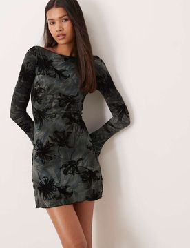 Sevila - Robe courte à manches longues en velours effet dévoré - Gris XS