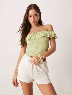 Yokai - Top à encolure bardot et motif cachemire rétro - Citron vert M