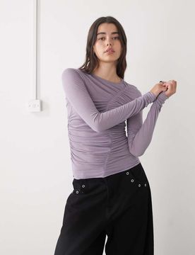Durchscheinendes Oberteil in Flieder mit Frontdetail und schmalem Schnitt-Grau Grau S