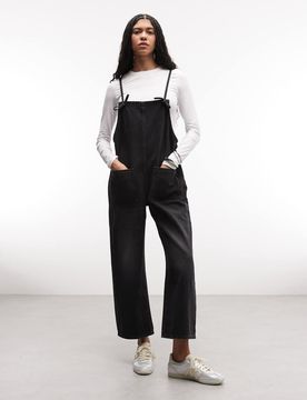 Jeans-Jumpsuit in schwarzer Waschung mit weitem Bein Schwarz L
