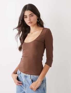 Oberteil in Schokobraun mit Cropped-Ärmeln-Brown Brown XL
