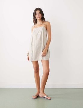 Robe courte en lin mélangé avec fines bretelles et poches - Beige-Neutre M