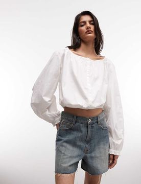 Top tendance folk à manches ballon en coton - Blanc 42