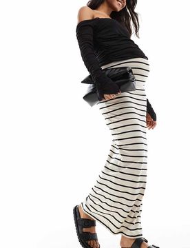 Mamalicious - Jupe longue de grossesse recouvrant le ventre en jersey rayé - Crème-Neutral XL