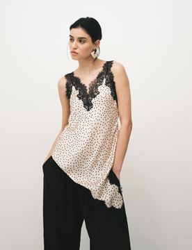 Caraco long et asymétrique en satin à pois avec bordures dentelle - Beige/noir-Multicolore M