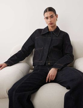Cropped-Jeansjacke in Indigoblau mit Kontrastnaht Blau S