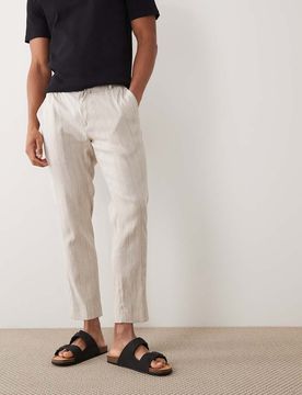 Gerade geschnittene Hose aus Leinenmix in Ecru mit Nadelstreifen und elastischem Bund-Neutral Neutral 40