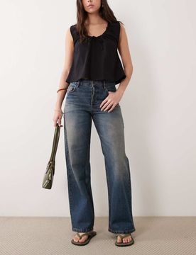 Dulce - Jean droit 100 % coton - Bleu foncé délavé 44