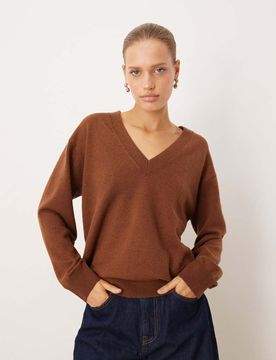 Langärmliges Oberteil aus Strick in Braun mit V-Ausschnitt-Brown Brown S