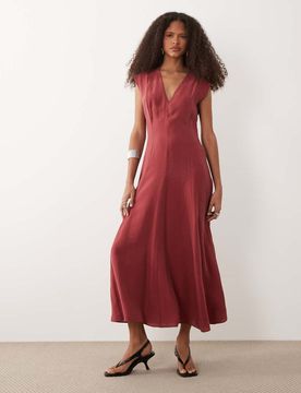 Midikleid in kräftigem Rot mit gesmokter Taille-Orange Orange M