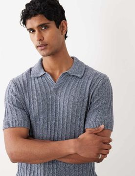 Strukturiertes Polohemd aus 100% Baumwollstrick in Blassblau mit Reverskragen Blau XL