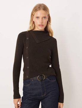 Wollmix-Pullover in Braun mit Knopf-Detail-Brown Brown XS