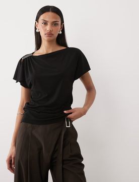 Top sans manches à encolure bateau et détail métallique sur l'épaule - Noir XS