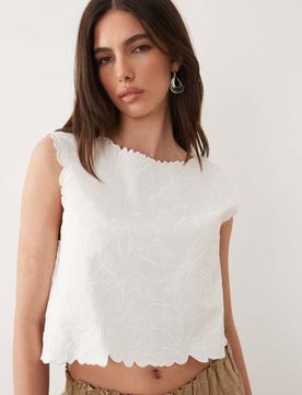 Top sans manches à encolure bateau et fleurs brodées - Blanc-Neutral M