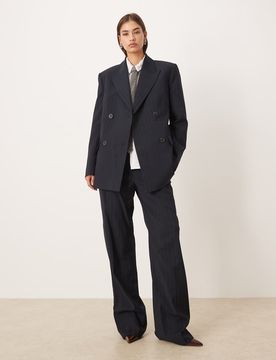 Varsovia - Pantalon d'ensemble ajusté et évasé - Bleu marine à rayures fines 36