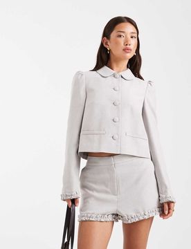 Blazer boutonné d'ensemble à manches bouffantes - Gris 40