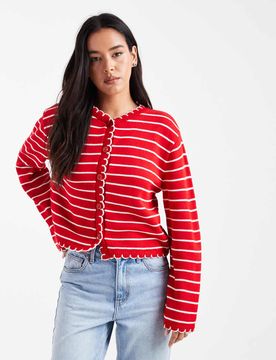 Gestreifte Strickjacke in Rot gestreift mit Languettenstich Rot S