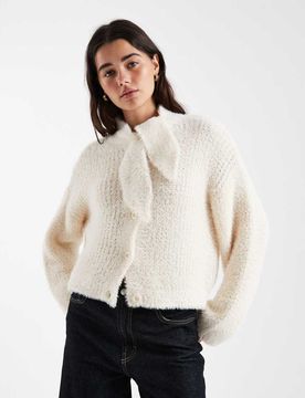 Gilet en maille avec naud lavallière - Crème-Blanc L