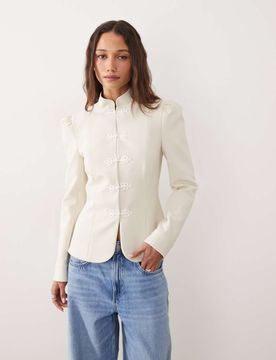 Elegante Jacke in Elfenbein mit Puffärmeln-Weiß Weiß M