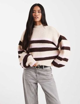 Flauschiger, angerauter Pullover in rosa und creme gestreift-Keine Farbe Keine Farbe L