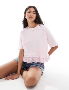 Kurzärmliges T-Shirt in Blassrosa mit Lochmuster-Saum-Grün Grün 32