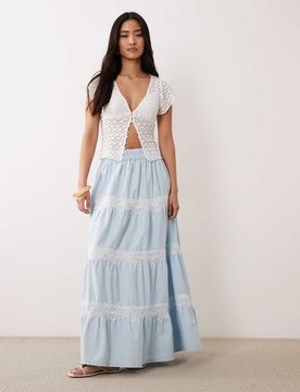 Jupe longue en chambray et dentelle mélangés - Bleu clair délavé 40