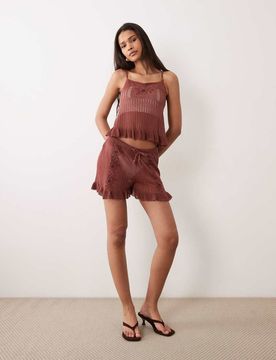 Short en maille transparente avec broderies - Chocolat-Marron S