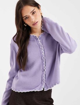 Strickjacke in Flieder mit Languettenstich-Lila Lila XS