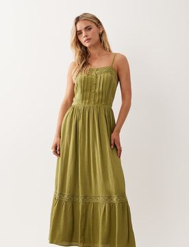 Maxikleid in Olivgrün mit Spitzeneinsatz Grün 32